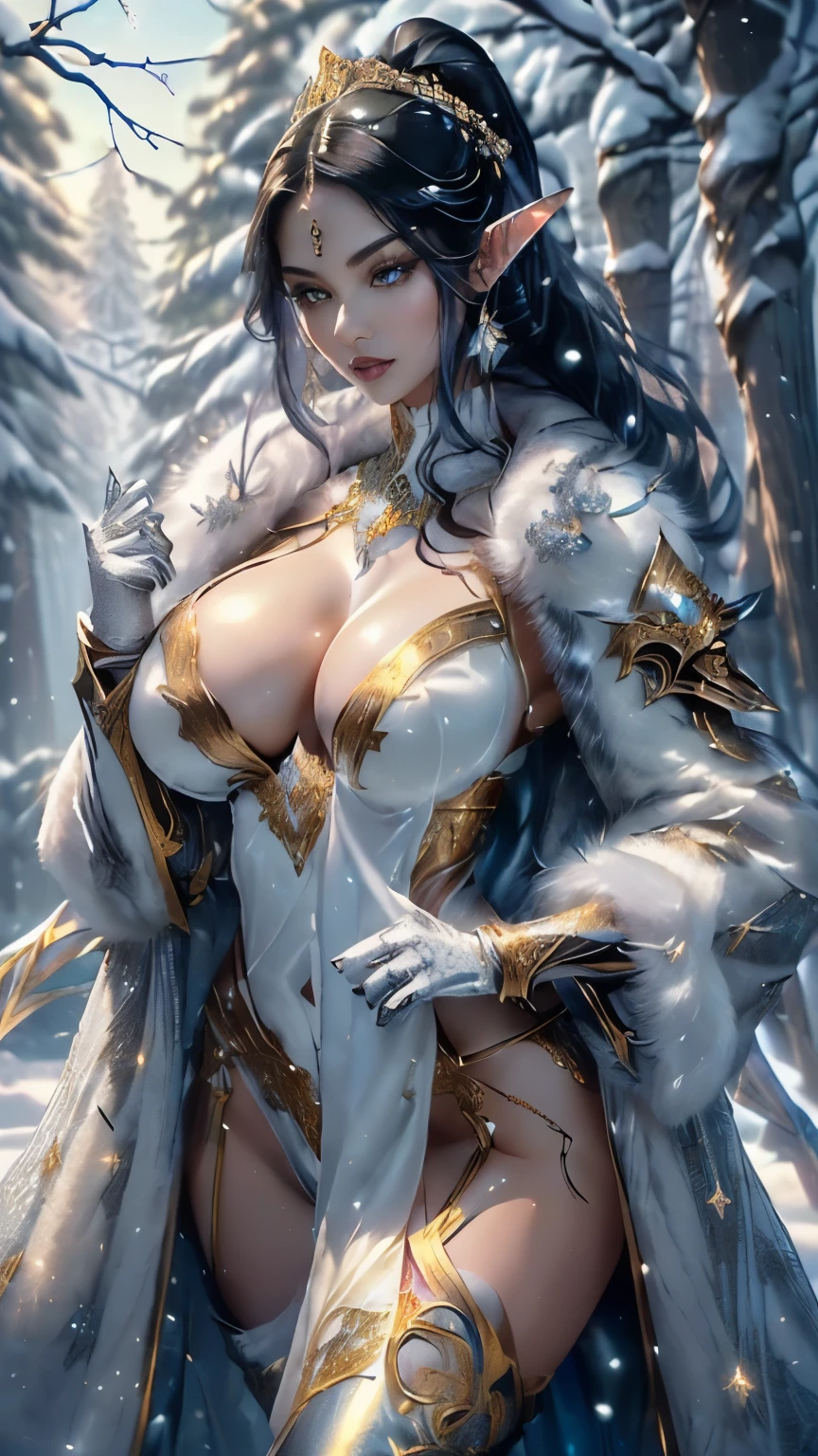 ((((full body portrait, full body shot))), 1woman,1female,((milf,mom,mature,mature woman,45 years old female,adult)),((((european girl)))),(Female Warrior:1.2), Detailed armor, delicate armor, gold decorated armor, elf sword in hand, holding elf sword, shiny sword, highly decorated sword, (large breasts:1.5),saggy breasts,(((black hair:1.4,dark hair,straight hair,long ponytail hair:1.4,colored inner hair))),(((silver_eyes:1.3))),intricate eyes,beautiful detailed eyes,symmetrical eyes,((((white skin:1.4,lustrous skin:1.5,bright skin: 1.5,skin tanned,shiny skin,very shiny skin,shiny body,illuminated skin)))),(spider lower abdomen,narrow waist,wide hip,bimbo body,inflated legs,thick thighs),(((detailed face))), (cute,slutty,sensual,seductive look,seductive,((erotic)),opulent,sumptuous,longingly,(nsfw), queen,goddess,fantasy,(sexy clothes, princess warrior outfit,jewelry,sheer loincloth, pelvic curtain, midriff, bracelets,),((eyeshadow,elegant makeup,eyelid makeup,gold lips,gold lipstick)),((Transparent cloth:1.1)), (((Sexy fur coat, fur coat outfit, wearing a fur coat:1.3,winter coat))),(fantasy golden jewelry,intricate necklace),(((intricate outfit,intricate clothes,embroidered outfit,golden ornate outfit))), (dynamic pose:1.0),embarrassed,(centered,scale to fit dimensions,Rule of thirds), ((snowy pine forest)),winter,scenery:1.25,((intricate scenery)),((snow forest background)), (Glossy winter ornaments),highres,sharp focus,(ultra detailed,extremely detailed),(photorealistic artwork:1.37),(extremely detailed CG unity 8k wallpaper),(((vibrant colors,vibrant theme))),(intricate),(masterpiece),(best quality),