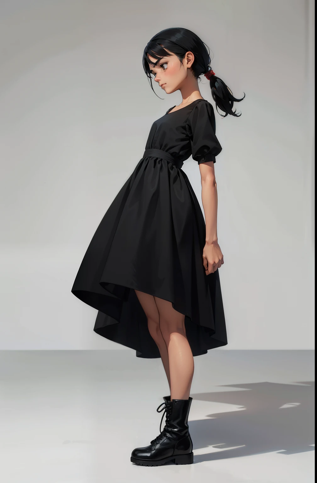 maquiagem, Lips are soft or colored, fundo preto simples, minimalismo, monotonous, paletas de cores vivas, small girl, grumpy face, short dress, feet exposed, short black dress, boots, straight hair tied up, standing on tiptoe, looks up, side view, perspective, sideways, perfect anatomy, perfect hands, wind in the dress