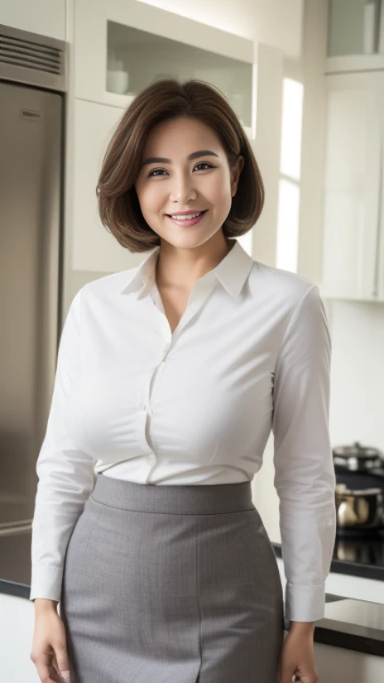 ((highest quality, 8K, masterpiece, portrait: 1.3)), (looking at the viewer), (full shot:0.85), attractive business mature woman, 1 person, a little chubby:0.４,brown medium hair、 white collared shirt, gray tight skirt,((big breasts 2.0)) (big pelvis:0.9), ((Are standing)), smile:0.2,,good posture、gentle smile、kitchen、


