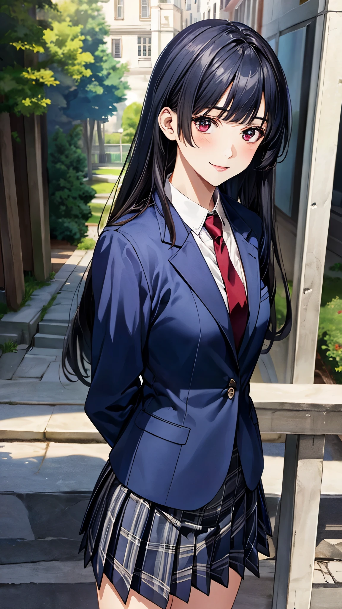 (masterpiece:1.2, top-quality), (realistic, photorealistic:1.4), beautiful illustration, (natural side lighting, movie lighting), surrealism, 
beautiful detailed hair, beautiful detailed face, beautiful detailed eyes, beautiful clavicle, beautiful body, beautiful chest, beautiful thigh, beautiful legs, beautiful fingers, 
looking at viewer, cowboy shot, front view:0.6, 1 girl, high school girl, perfect face, (perfect anatomy, anatomically correct), cute and symmetrical face, babyface, , shiny skin, 
(long hair:1.5, straight hair, black hair), bangs, (medium-violet-red) eyes, big eyes, long eye lasher, (medium breasts, big ass), slender, 
((white headband, collared white shirt, gray plaid pleated skirt, dark red tie, (navy blazer, closed blazer))), 
(beautiful scenery), morning, riverside, (lovely smile, upper eyes), 