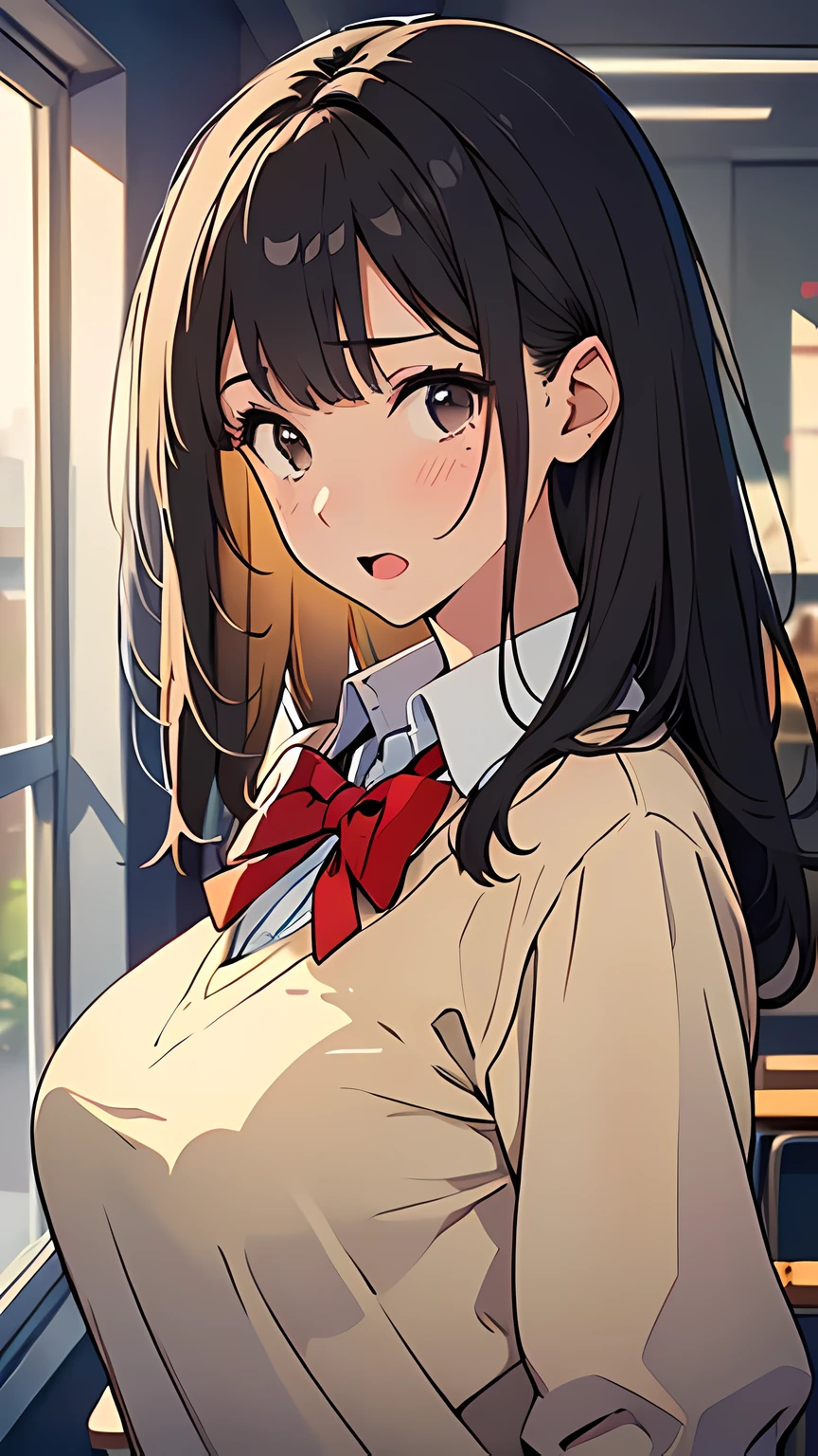 (masterpiece:1.6),(best quality:1.6), (ultra high res1.2),perfect proportion,(dark hair:1), ( black hair:1), (black eyes:1.1),(beautiful Busty breasts:1), (beautiful girl:1.4),a girl,(medium bob hair:1.2),a sexy mole around the mouth,open mouth,(aroused:1.3), (embarrassed:1.3), blush,(beige V Neck Sweater:1.1),(school uniform1),a red Checked bow tie, (upper body shot:1.1),from side shot