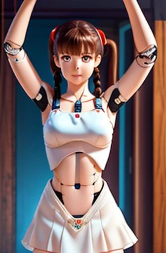 A Female robot is sleeping in bedroom, spread legs, nude, banzai pose. she wears no dress. She Brown short hair is tied with two big red clothespins, She lifts up the under hem of her white plain dress, leaning over, masterpiece, very short pigtails,brown hair, mature, android, blue eyes, full body figure, Height: 160cm, flushed cheeks, 2020s anime picture, A beautiful robot with short brown hair in two short pigtails held up by two very large huge red clothespins, Uplifting, No NSFW, whole body, barefoot, archaic smile, getting orgasm, 25 years old, sweat bucket. 