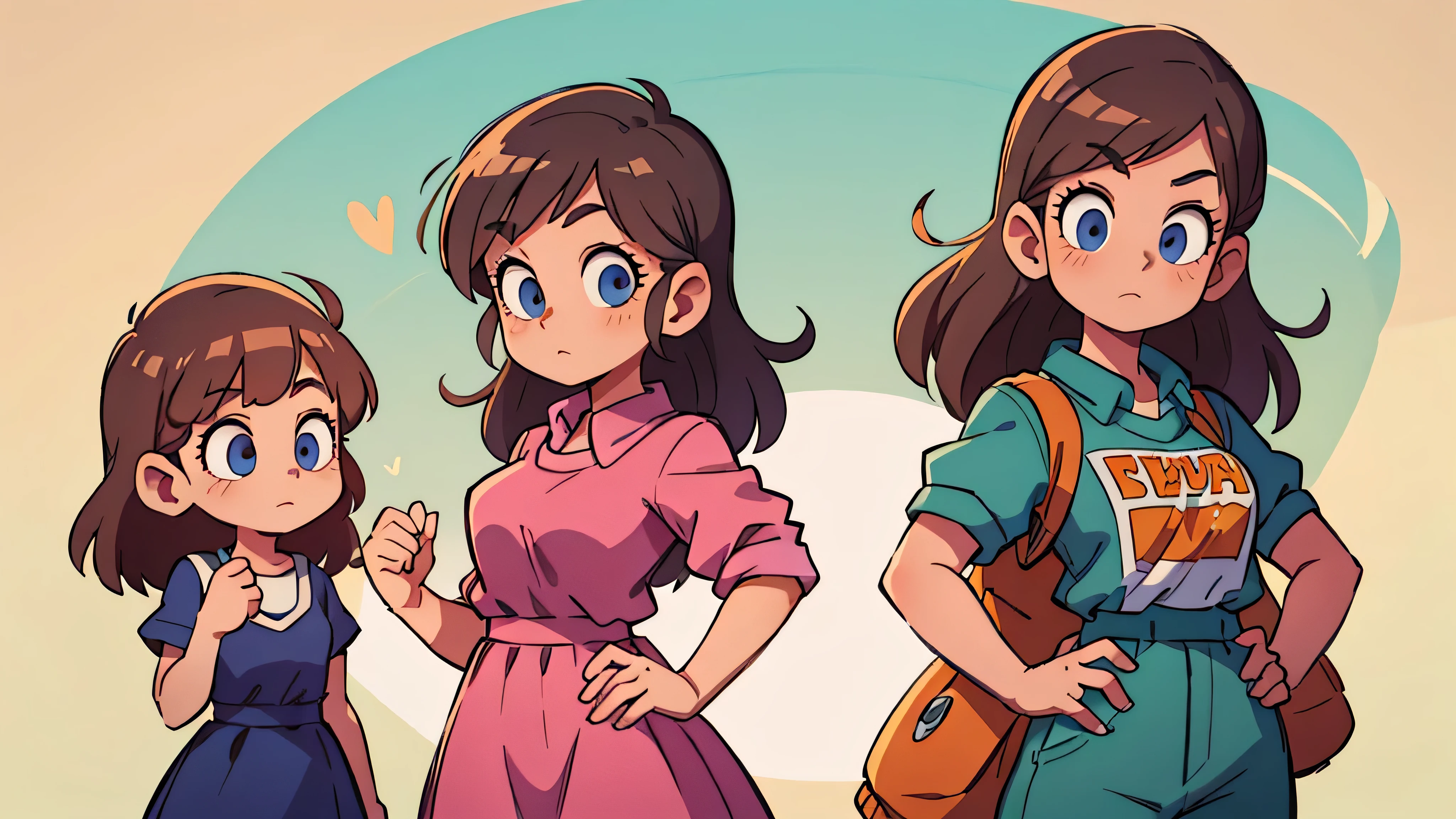 as gemeas pulando amarelinha (Two brunette twins, de 5 anos, roupas rosa)