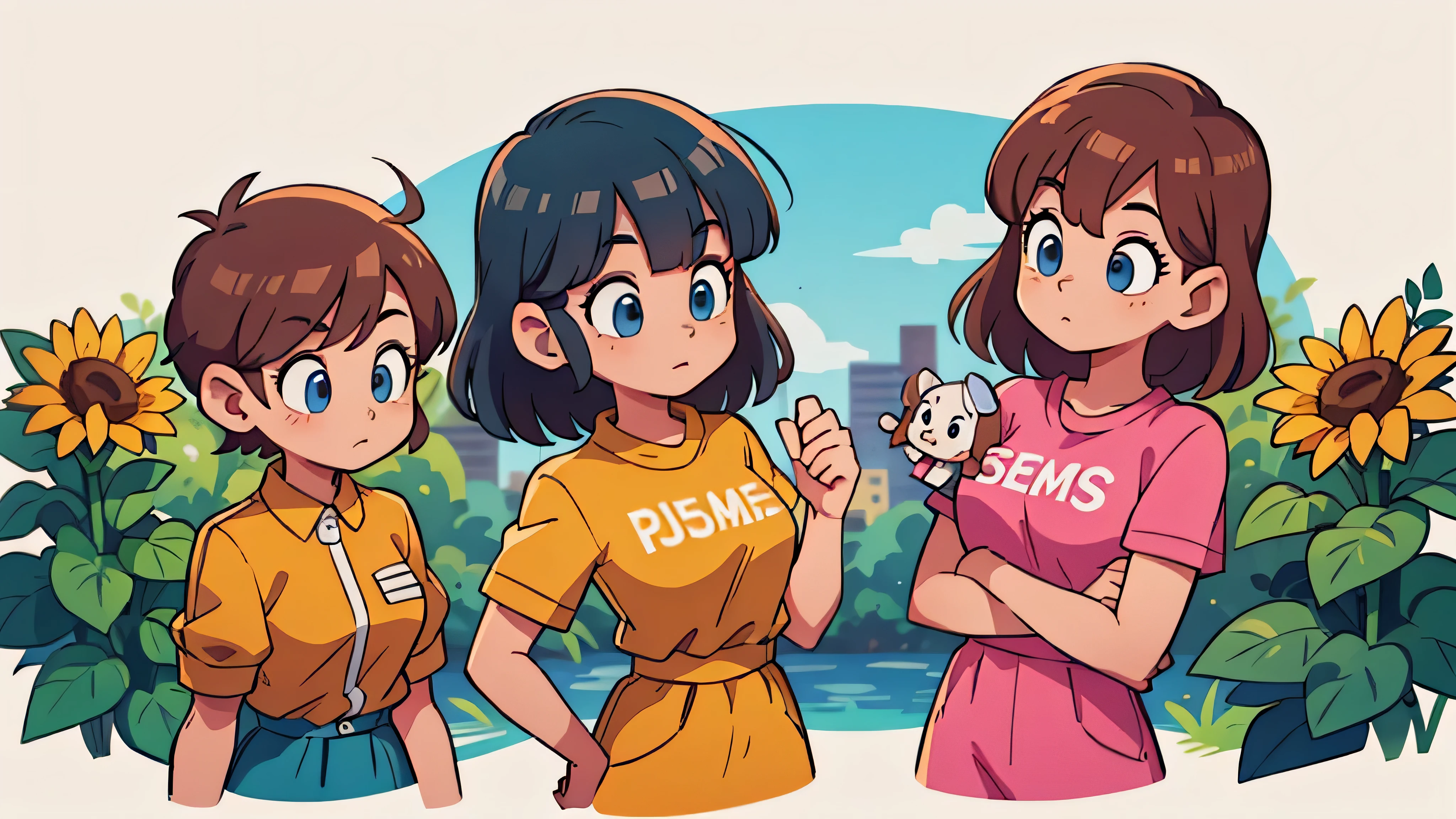 as gemeas pulando amarelinha (Two brunette twins, de 5 anos, roupas rosa)