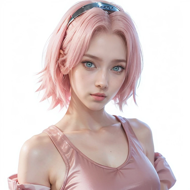 young woman, short shoulder-length pink hair, wide forehead, porcelain skin, pink eyebrows, big emerald green eyes, buttoned nose, full lips, heart-shaped face, slender body, small breasts, red tank top, Sakura Haruno , realistic, realism, details, 3d, well detailed
