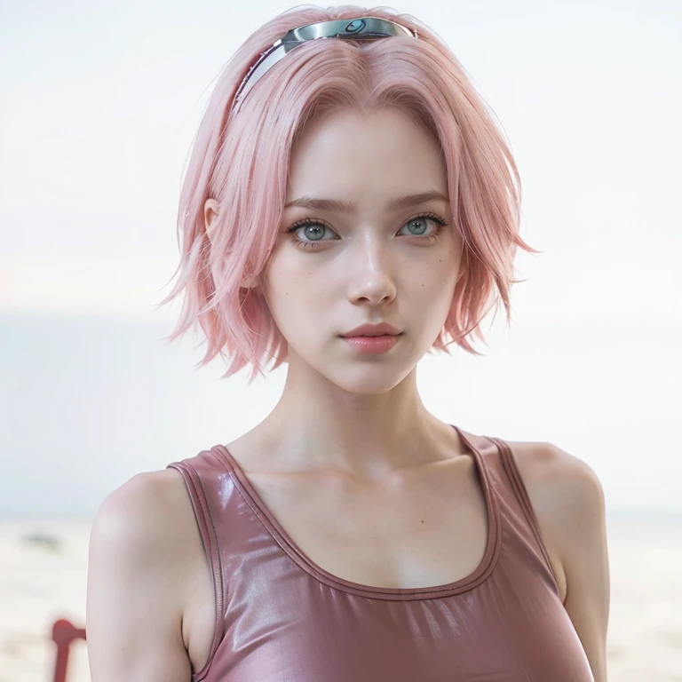 young woman, short shoulder-length pink hair, wide forehead, porcelain skin, pink eyebrows, big emerald green eyes, buttoned nose, full lips, heart-shaped face, slender body, small breasts, red tank top, Sakura Haruno , realistic, realism, details, 3d, well detailed
