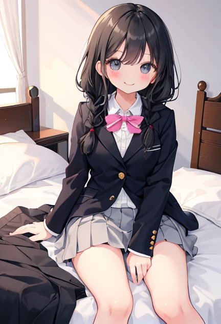 beautiful illustrations, highest quality, pretty girl,beautiful girl、clear face、 half girl、pastel colour ,black hair、black eyes、smile、blush、にこやかなsmile、thighs、uniform、blazer、Bedroom、on the bed、take off the skirt、between legs、pants、Braid、underwear