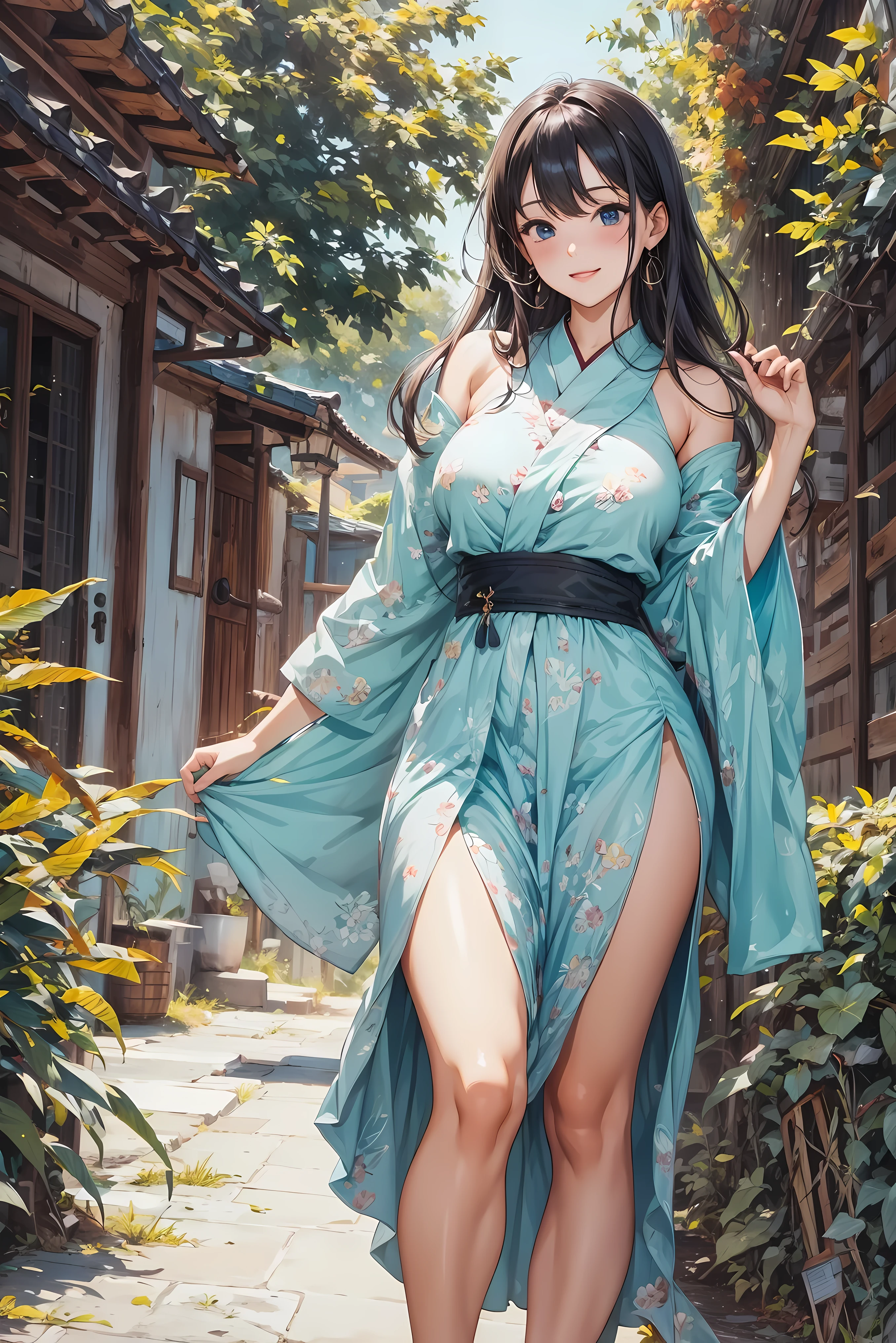 (work of art, best qualityer, high resolution:1.4), wall-paper, whole body, 1 girl, very long hair, flat hair, white hair, (hair blue:1.0), (Bblack hair:1.0), bright green eyes, multicolored hair, gradient hair, smallbreast, round chest, Facing the side, yukata semi nu, holding party popper, natta, hair clip, side stripe, thick red lips, delicate finger in mouth, fully body, (((the woman has an unquestionable body, thick fit body e coxa, big-ass, defined body)))