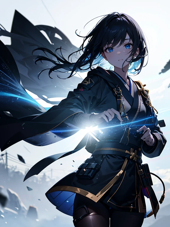 忍者の服を着た20歳の男の子がJapanese swordを持って走る, smog, explosion, debris, (battlefield:1.4), (jogging:1.4), (photograph:1.4), (Japanese sword:1.4), (thick body:1.4), (black color,black short hair:1.4), blue eyes, HDR(high dynamic range), ray tracing, NVIDIA RTX, super resolution, unreal 5, Scattered beneath the surface, PBR texture, Post-processing, anisotropic filtering, Layered textures for maximum depth of field clarity and sharpness, Albedo and specular maps, surface coloring, Accurate simulation of light-matter interactions, Rendering with Octane, two tone lighting, Low ISO, White balance, rule of thirds, Large Diameter, 8K raw data, High efficiency subpixel, subpixel convolution, (luminescent particles:1.4), {{master piece, best quality, Highly detailed CG, unity 8k wallpaper, 。.。.3D, cinematic lighting, lens flare glow}},