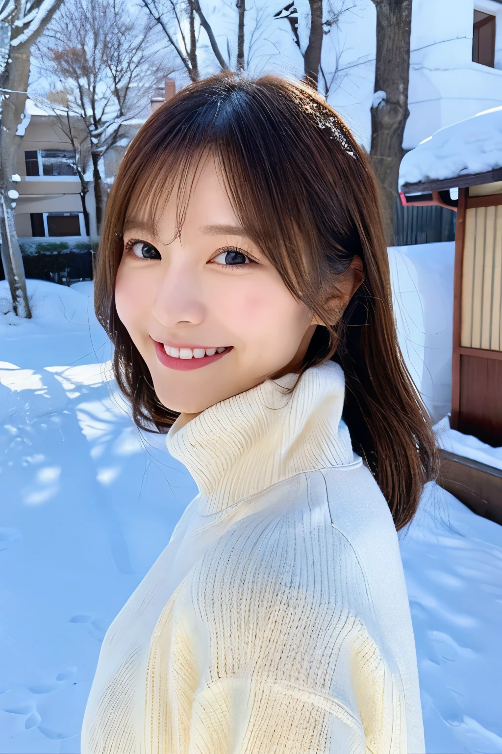 hostess's face、turtleneck wool sweater、high quality、surreal、healthy、smiling face、Slender perfect figure、japan beauty、 perfect eyes、beautiful skin、Upper body、snow town