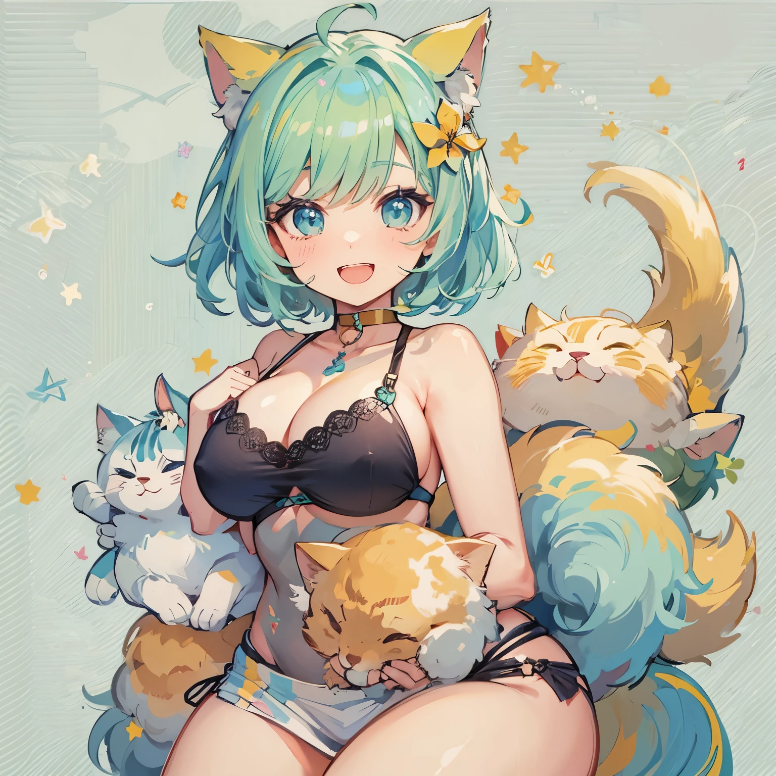Pretty big breasts, short hair, full body view, naked, smiling and staring at you, rainbow hair, pretty chubby, pretty cute butt, cat ears