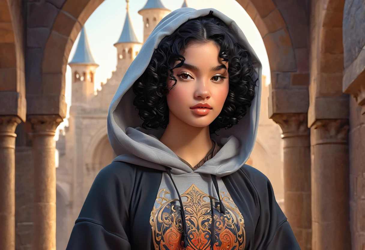 Young girl with curly black hair in a hoodie and wearing a medieval dress illustration is detailed, soft and bright, HD art by Greg Hildebrandt, Liu Citemer, Sejic Stjepan, Samyang, Aykut Aydogdu, Justin Gerard, Alphonse Mucha, Artgerm, WLOP and Greg rutkowski