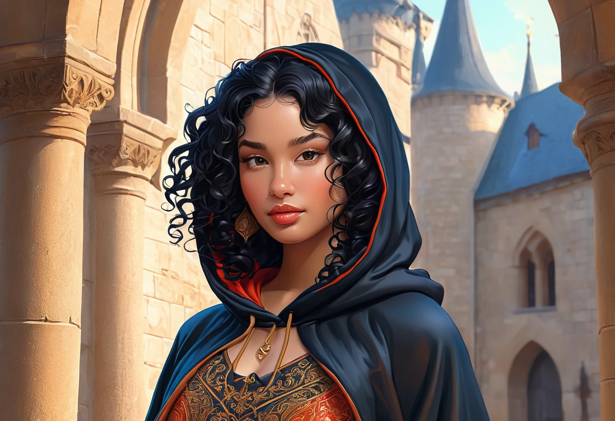 Young girl with curly black hair in a hoodie and wearing a medieval dress illustration is detailed, soft and bright, HD art by Greg Hildebrandt, Liu Citemer, Sejic Stjepan, Samyang, Aykut Aydogdu, Justin Gerard, Alphonse Mucha, Artgerm, WLOP and Greg rutkowski