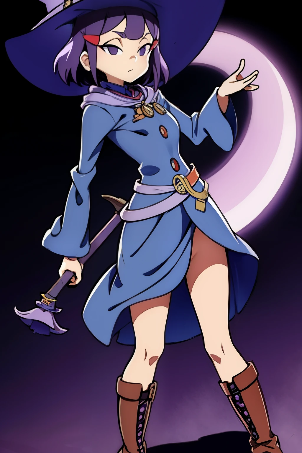 (best quality, top quality), masterpiece, best quality, avery, 1girl, solo, short hair, hairclip, hair ornament, purple hair, purple eyes, serious, medium breasts, breasts, luna nova , medium skirt, belt, boots, witch, witch hat, full body,