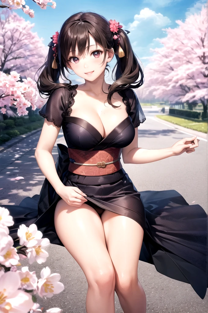 kimono、(8k, RAW photo, highest quality, masterpiece:1.2), (realistic, photo-realistic), (Highly detailed 8K wallpaper)carefully crafted face、emphasize cleavage、beautiful fingers、beautiful hands、skin texture)、full body、smile、((twin tails))、idol sculpture、alone、beautiful double eyelids、blushing face、(woman)、cherry blossoms、Cherry-blossom viewing、In town、dating scene、