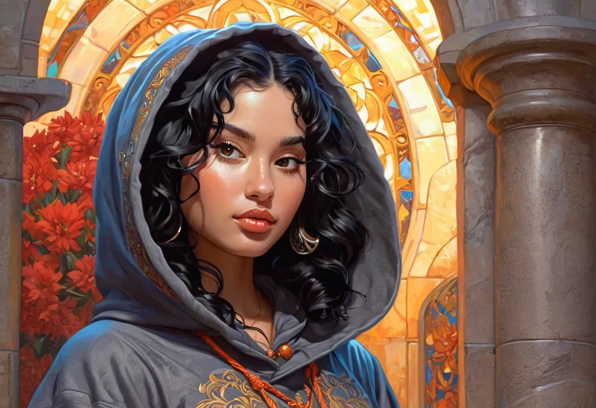 young girl 25 years-old with curly black hair in a hoodie and wearing a medieval dress illustration is detailed, soft and bright, HD art by Greg Hildebrandt, Liu Citemer, Sejic Stjepan, Samyang, Aykut Aydogdu, Justin Gerard, Alphonse Mucha, Artgerm, WLOP and Greg rutkowski
