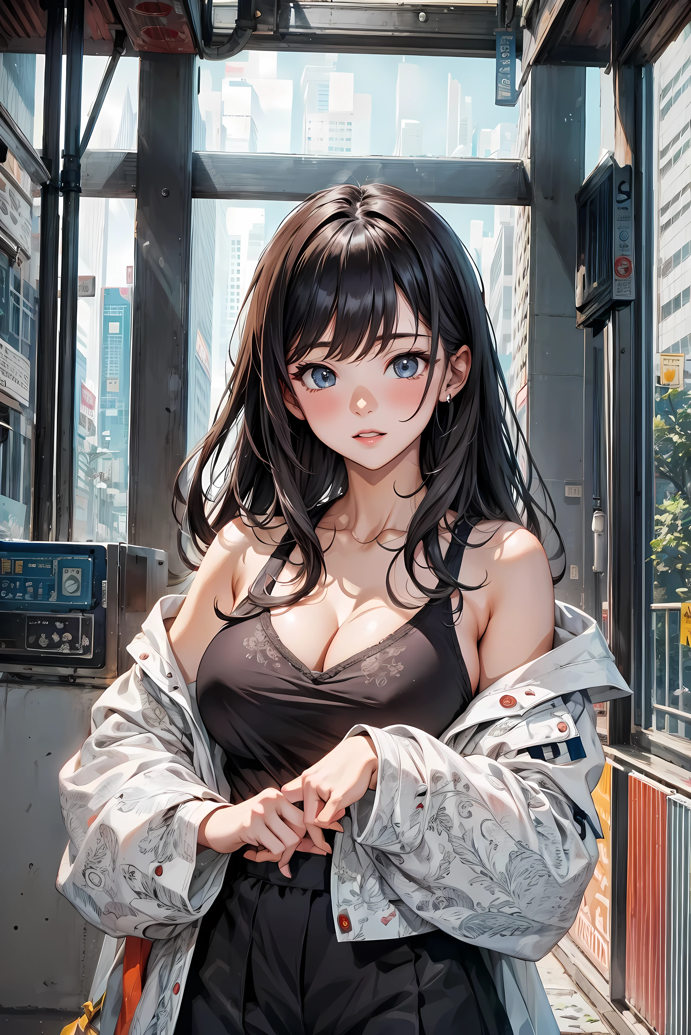 One girl,cute, Medium chest, Wavy Hair, View your viewers,crystal eyes, Black Hair,Day,Cityscape, Shorts, Off the shoulder, Bare shoulders, Open jacket , Detailed Background,Glossy Lips,