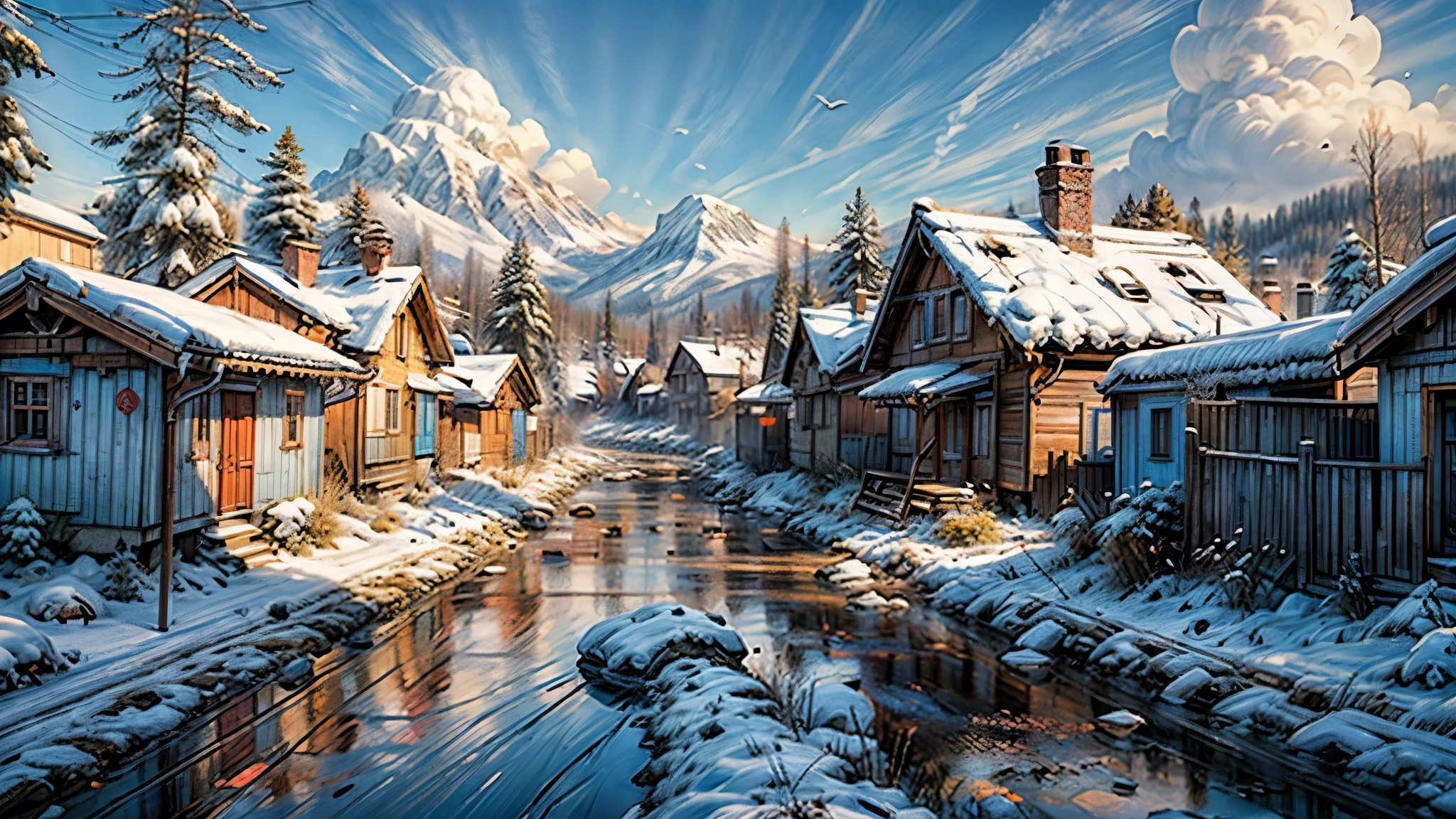 there is a blue house on the side of the tracks, russian village, typical russian atmosphere, soviet suburbs, viewed in profile from far away, photo taken from far away, inspired by Isaac Levitan, russian villages at background, the photo was taken from afar, house on background, magical soviet town, shot from far away, small cottage in the foreground, unusual composition, wide shot, from above, 4K, 8k, highres, masterpiece, retina, UHD, high quality