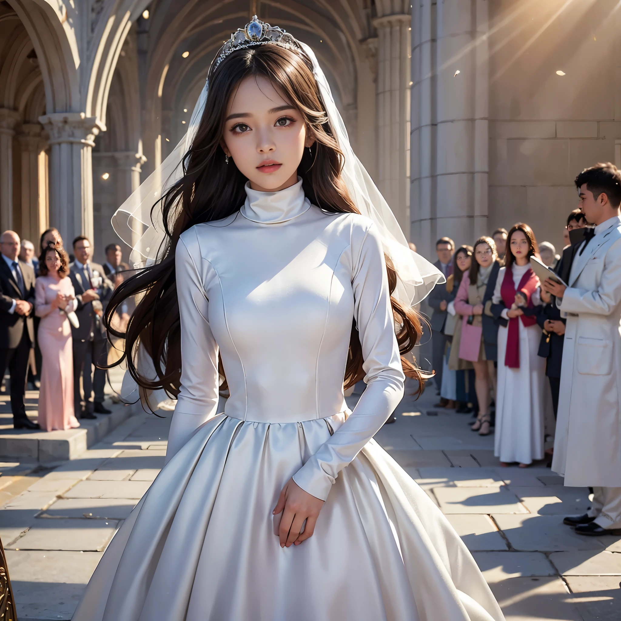 best quality, masterpiece, 1 girl, yak, cute teen, shiny lips, sweet, sun glare, Conservative attire, turtleneck wedding dress, bridal tiara, depth of field, blurred background, Cathedral Background, light particles, strong wind, head tilt, long hair, 