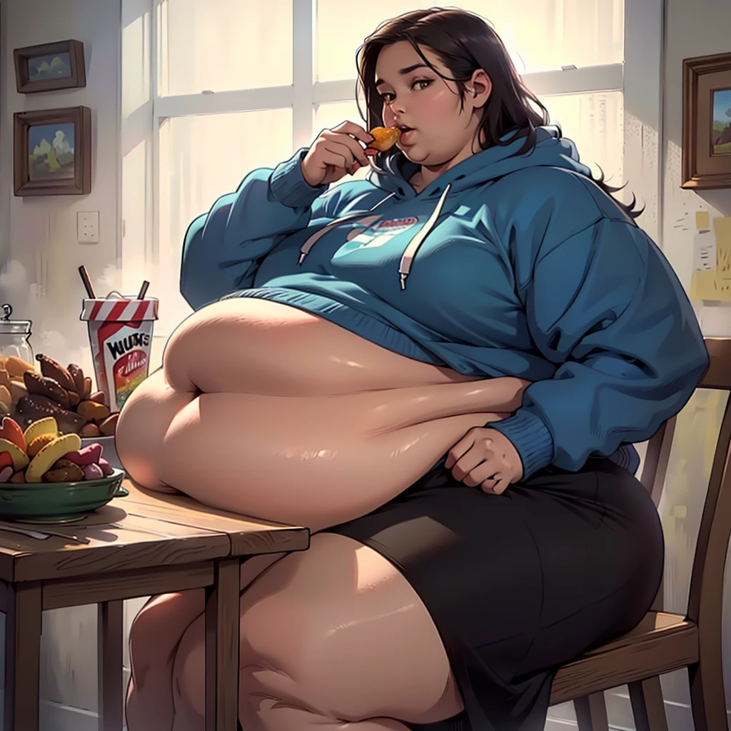 (masterpiece, best quality, highres, detailed, realistic:1.2), young woman, beautiful face, detailed face, USSBBW, morbidly obese, fatblob, sagging belly, high aesthetic, eating junk food, tight dress, auburn long hair, beautifully color-coded, hoodie, looking away,
