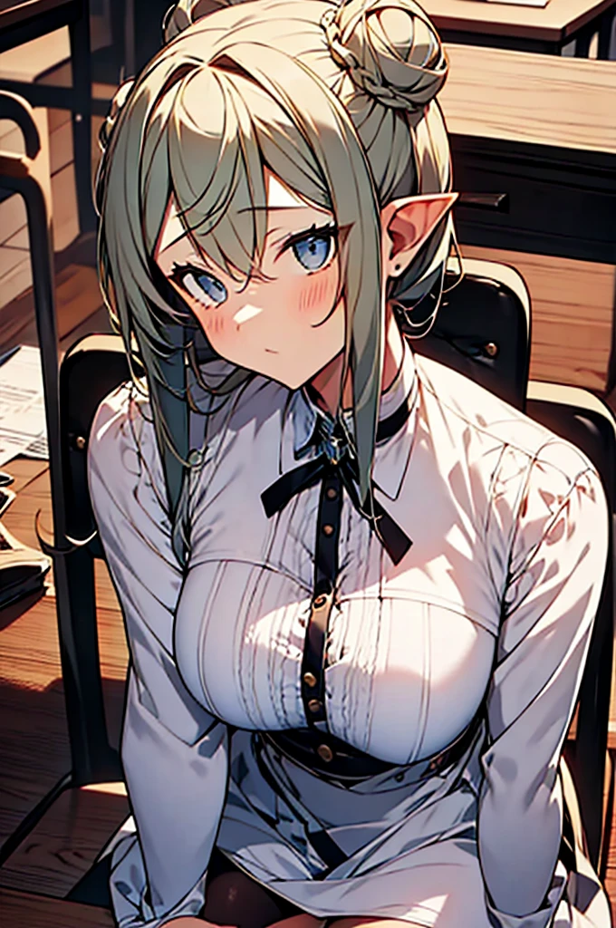 masterpiece,highest quality,1girl,solo,elf-v2,Platinum hair in two buns,gray eyes,Fair skin, full body,black pantyhose,two legs,Shyness,troubled face,sit at desk,Footjob trampling