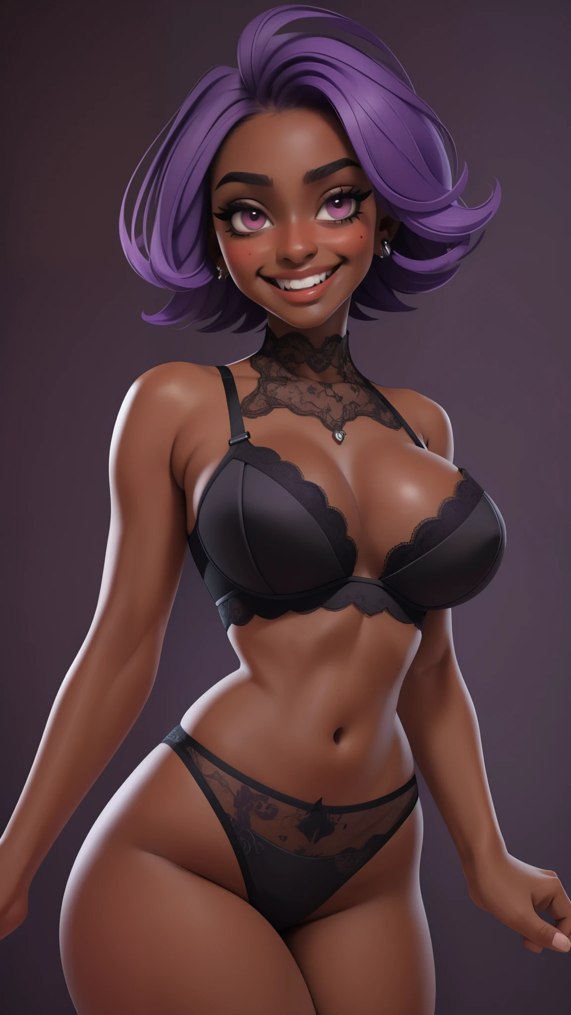 ((masterpiece)),(best quality),(detailed), 1girl, short hair, purple hair, messy hair, red eyes, grin, (dark skin:1.3), lingerie, portrait, huge breasts