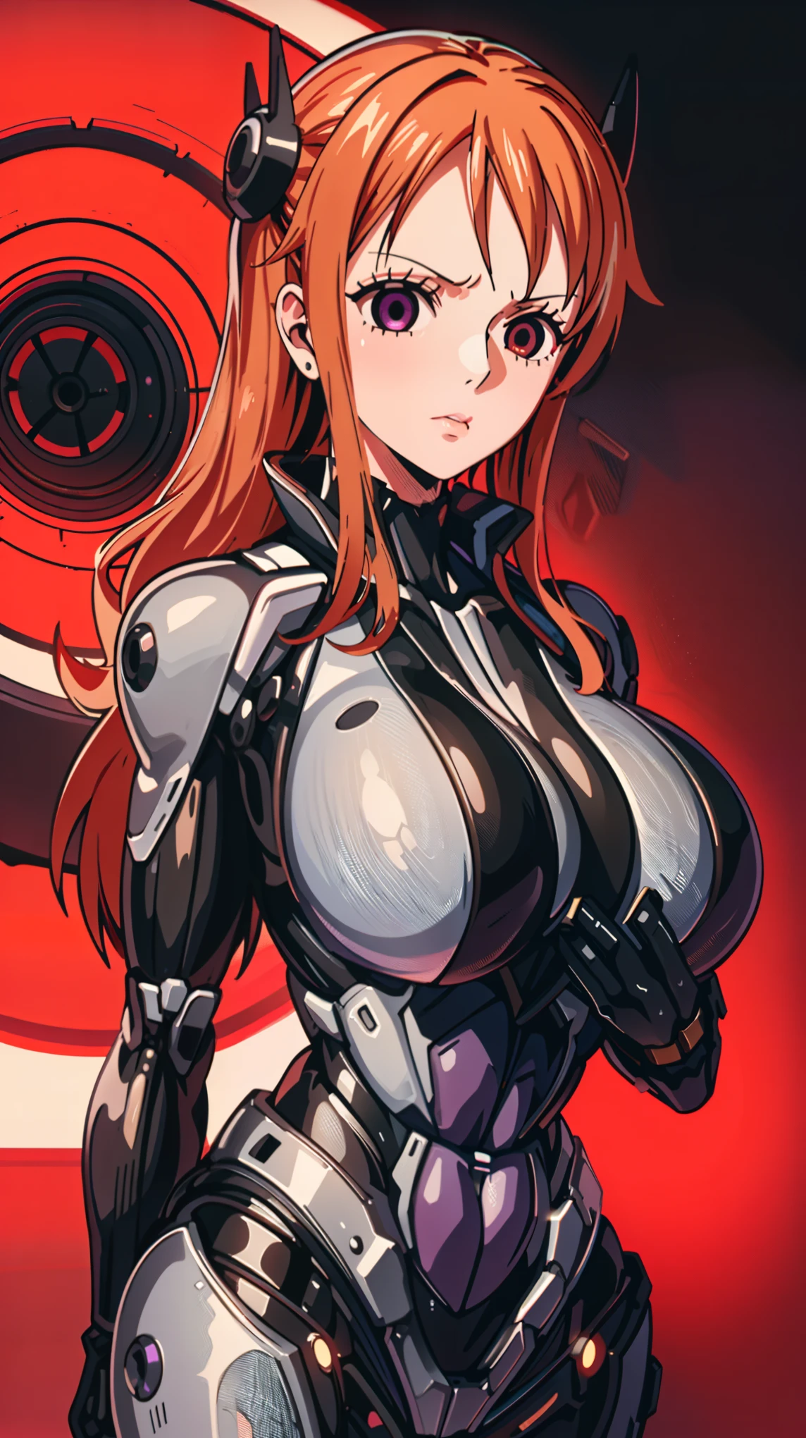 1 girl,NSFW,Nami ,(one piece),orange hair,  clavicle, absurd, brainwashing,empty eyes,((purple glowing eyes 1.5)),  (huge breasts 1.2), No expression, emotions are removed,(black nano suit),avert your eyes , 全身shape, ((stand up)),(highest quality、4k、8K、High resolution、must have:1.2)、Super detailed、(reality、reality的なです、reality的な:1.37)、ticker、hyper hd、studio lighting、ultra definition paint、sharp focus、Physically based rendering、extreme details、Professional specifications、vibrancy and color、blurry、sports portrait、landscape、horror style、anime big breasts、SF、photograph、concept artist、five fingers, perfect body,  {{{masterpiece}}}, {{{highest quality}}}, {{Super detailed}}, {shape}, {{very delicate and beautiful}},Improved cost performance、all roles、Canon 5D MK4でphotograph、photograph, 