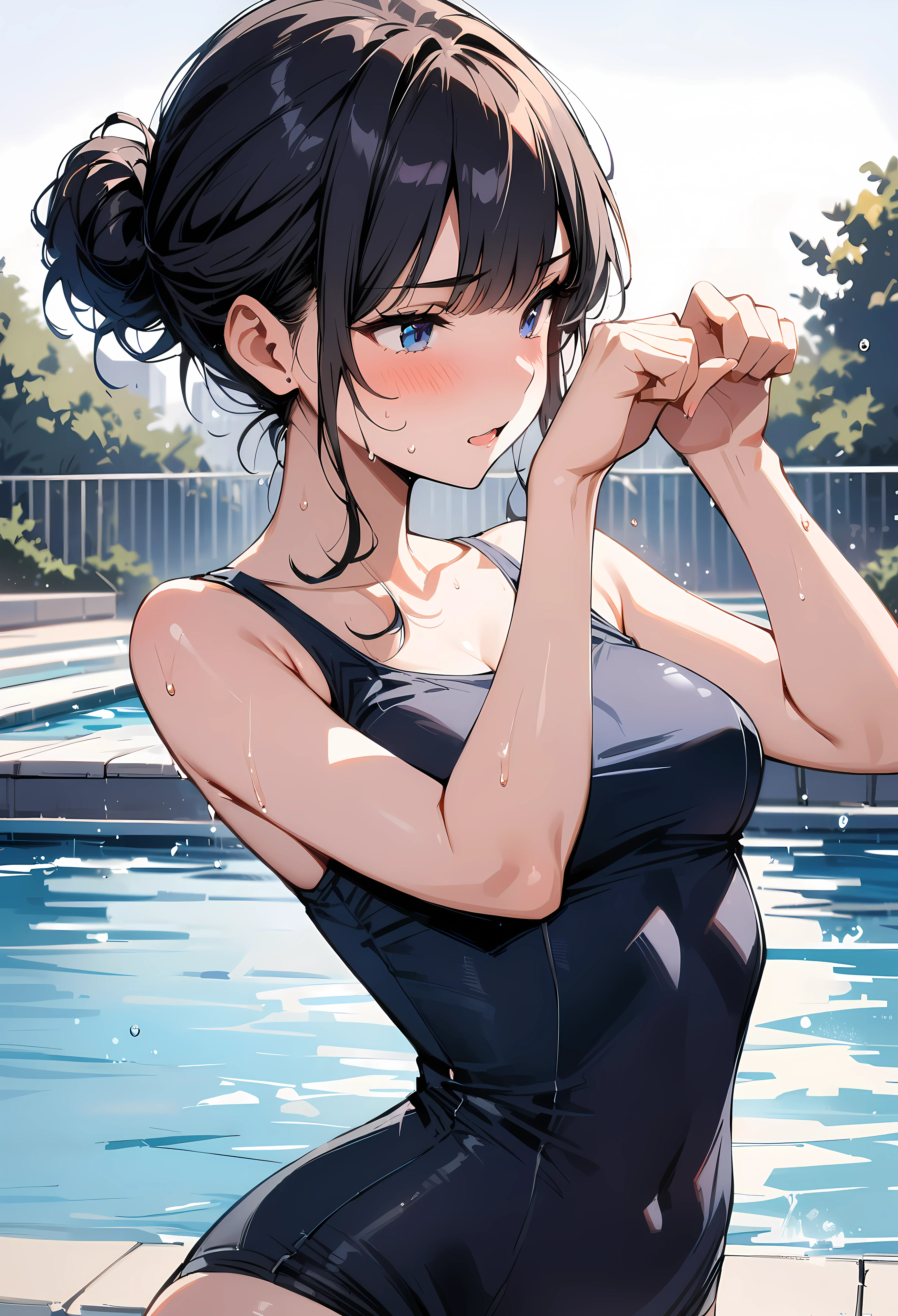 (masterpiece, best quality:1.2), 1 girl, alone , sexy , (school swimsuit), cowboy shot, black hair ,hair bun, (Sweat), (pool_background) , outdoor ,( cat pose)
