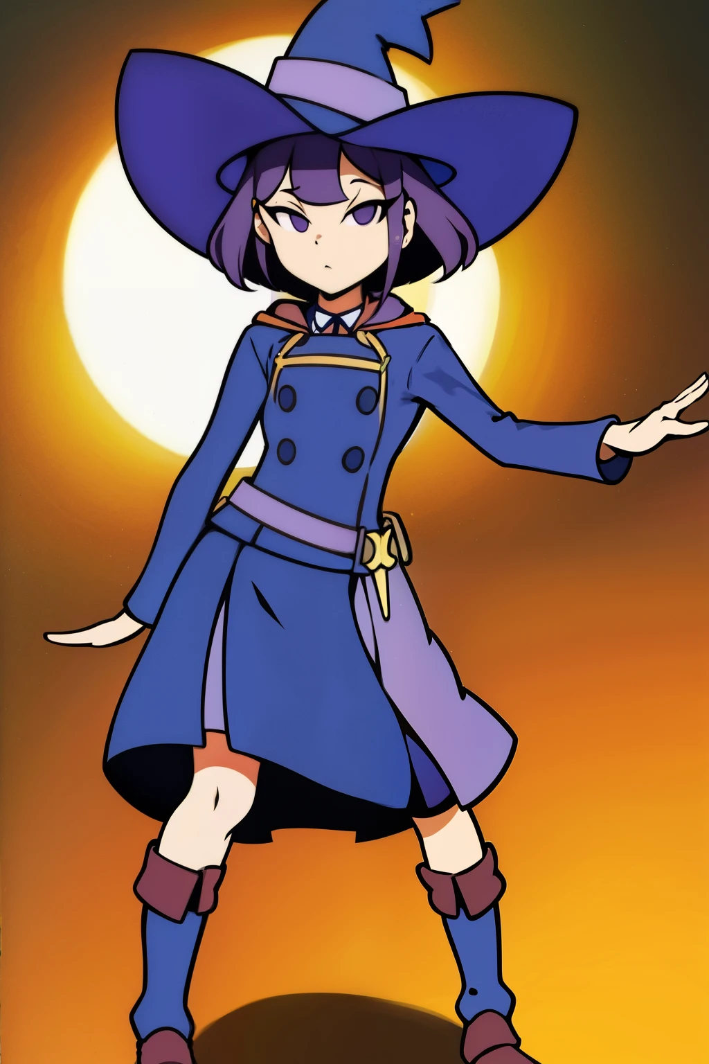 (best quality, top quality), masterpiece, best quality, avery, 1girl, solo, short hair, hairclip, hair ornament, purple hair, purple eyes, serious, medium breasts, breasts, luna nova , medium skirt, belt, boots, witch, witch hat, full body,