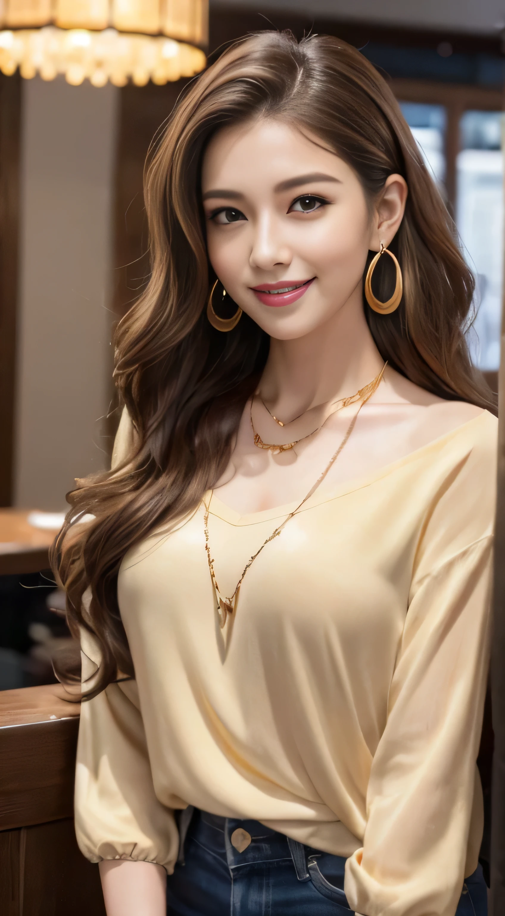masterpiece, highest quality, realistic, Super detailed, small details, High resolution, 8k wallpaper, 1 beautiful woman, wear casual business wear, in a great restaurant, At night, light brown messy hair, perfect dynamic composition, beautiful and detailed eyes、in the stylish office at night、((Super long brown hair:1.2))、((Hair with loose waves inside:1.2)),((gold necklace＿Large earrings:1.2)),((shy smile:1.3)),