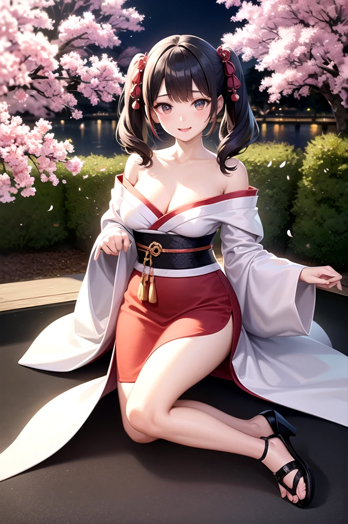 kimono、(8k, RAW photo, highest quality, masterpiece:1.2), (realistic, photo-realistic), (Highly detailed 8K wallpaper)carefully crafted face、big 、beautiful fingers、beautiful hands、skin texture)、full body、smile、((twin tails))、idol sculpture、alone、beautiful double eyelids、blushing face、(woman)、cherry blossoms、Cherry-blossom viewing、dating scene、