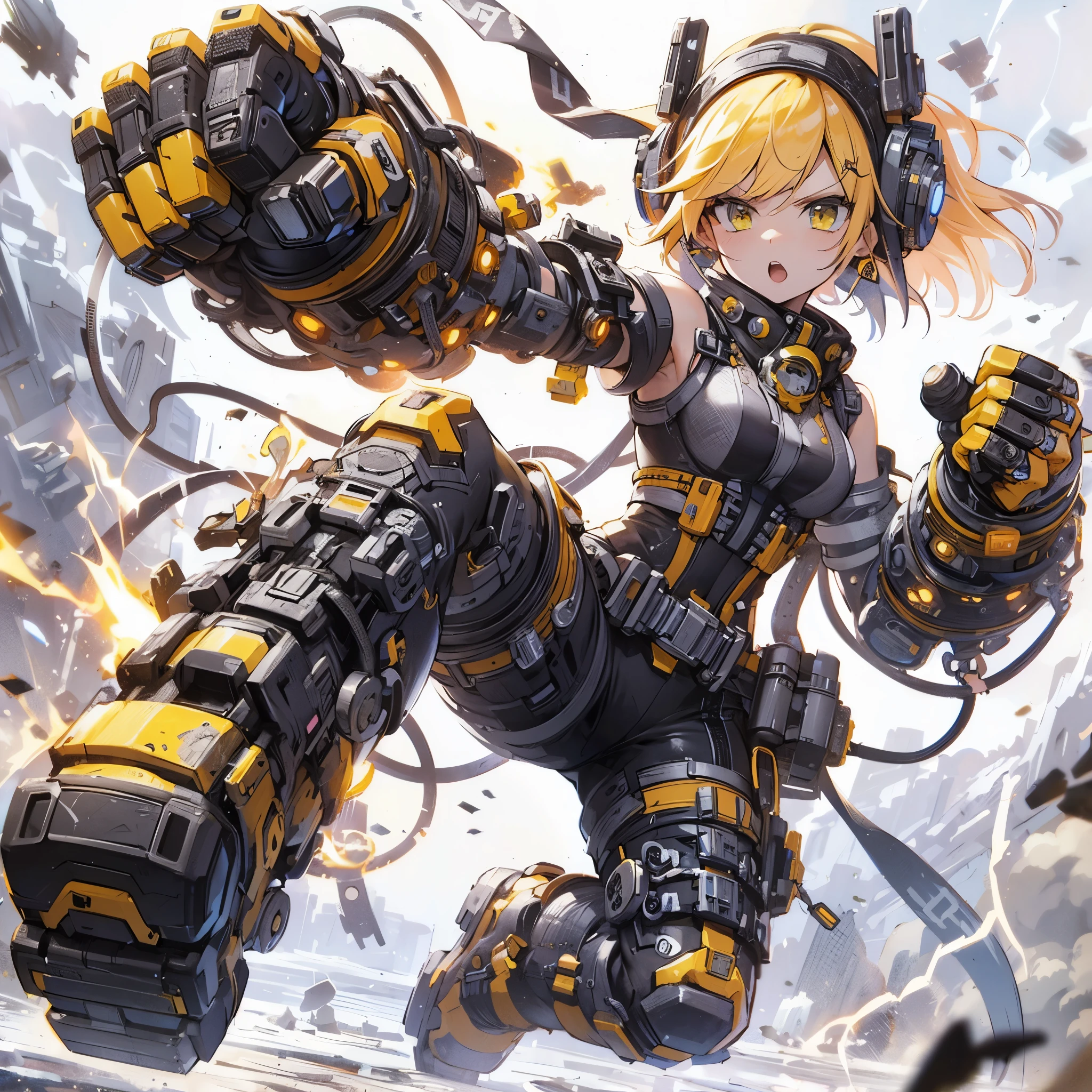 (masterpiece, Best Quality), (detailed hairs), Ultra-detailed, Anime style, Full body, cute cyberpunk KARATE girl, wearing form fit diver suits, black-yellow hair, huge hi-tech gauntlets, Lightning and thunder in the air, hi-tech boots, standing in wasteland, digital painting, 8K high resolution, art station trend, white background, whole body, fighting pose
