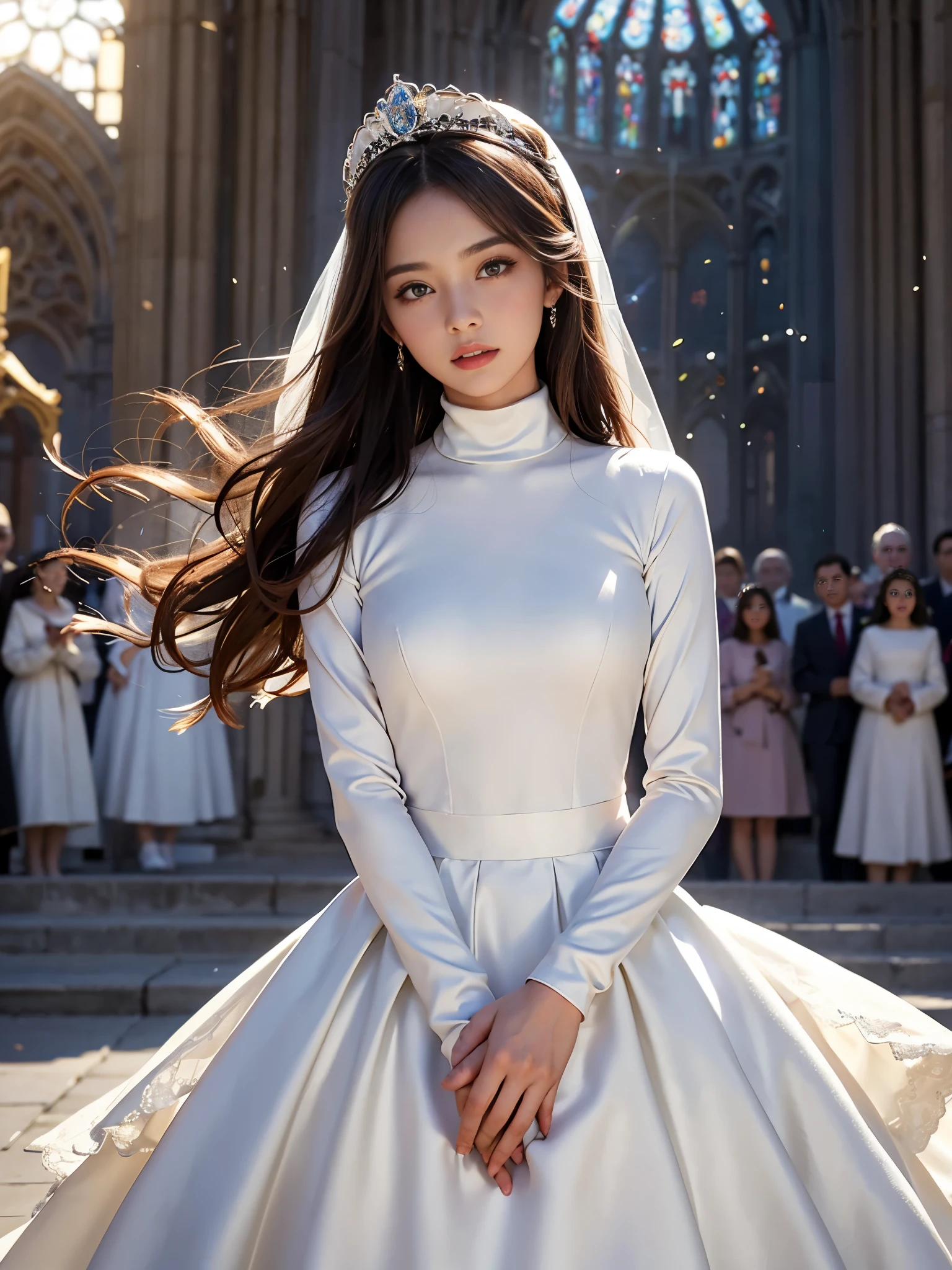 best quality, masterpiece, 1 girl, yak, cute teen, shiny lips, sweet, sun glare, Conservative attire, turtleneck wedding dress, bridal tiara, depth of field, blurred background, Cathedral Background, light particles, strong wind, head tilt, long hair, 