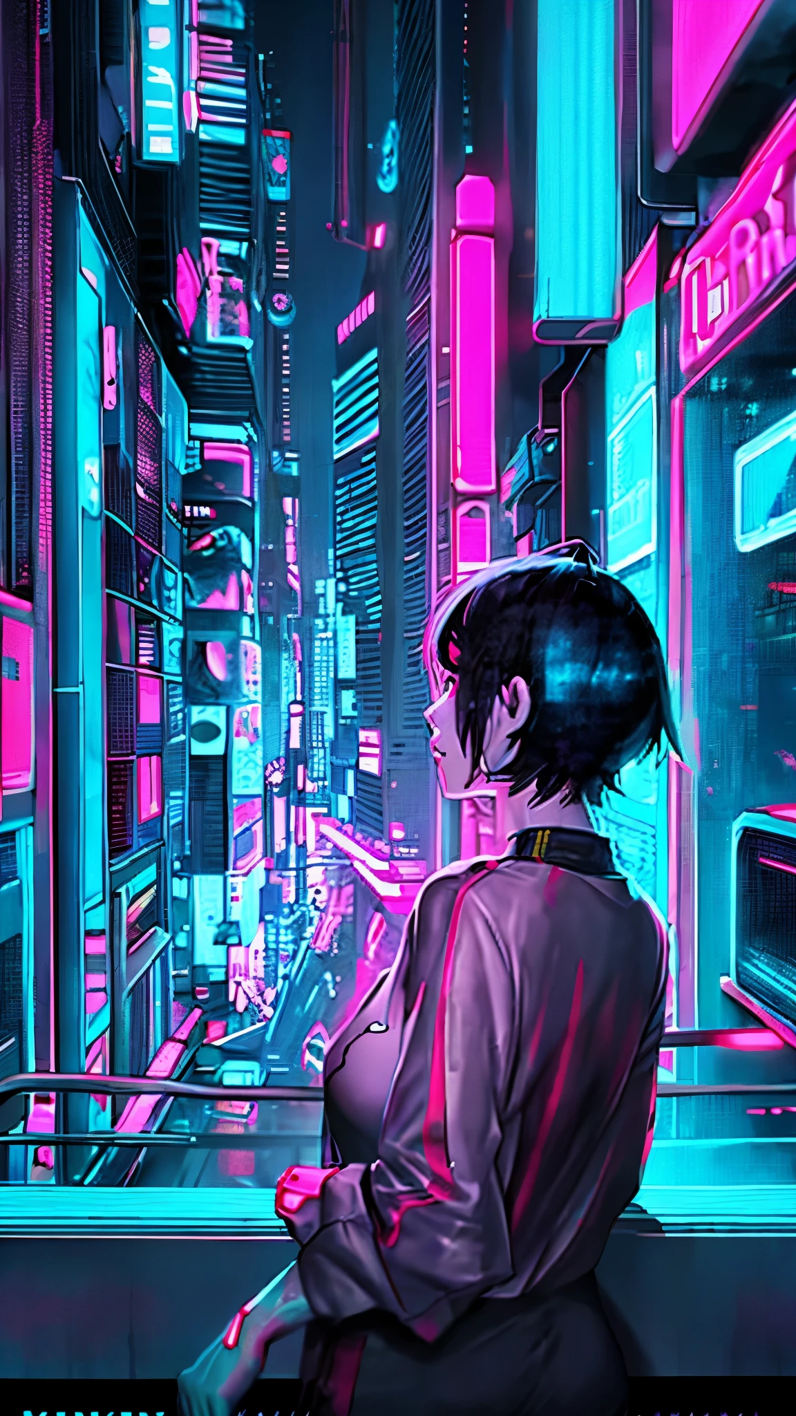Anime girl looking out the window in the night city, cyberpunk anime art, digital cyberpunk anime art, anime cyberpunk art, tokyo anime scene, Digital Cyberpunk - Anime Art, modern cyberpunk anime, Inspired by Liam Wong, anime style 4k, anime style cityscape, anime wallpaper 4k, anime wallpaper 4k, cyberpunk anime girl, lofi girl,Background Neon、near future city