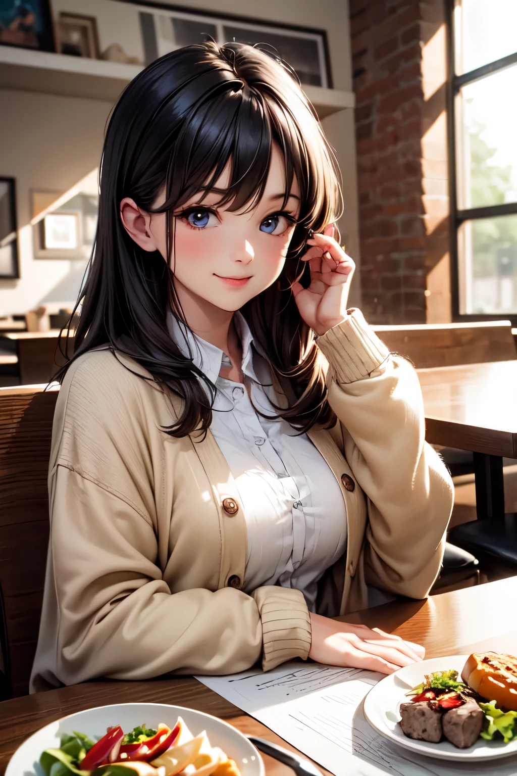very cute and beautiful girl sitting in restaurant,(highly detailed beautiful face),
white blouse,(smile:1.2),happy,(beige cardigan:1.2) BREAK dynamic angle,hair ornament,black hair,pleated black mini skirt,
tea cups,(cream pancakes on plate),distant some persons at table,depth of field,
(best quality,masterpiece:1.0),absurdres,highres,ultra-detailed,extremely detailed,32k,8k resolution,
intricate details,cinematic scene,detailed background,solo,dynamic angle,