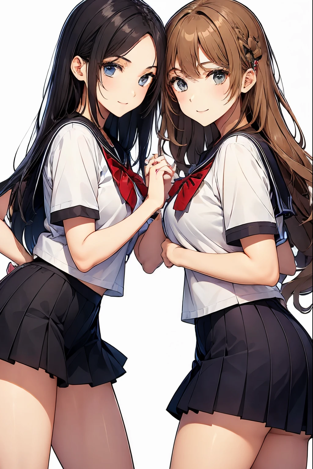 Two high school girls playing with each other、seductive smile、classroom