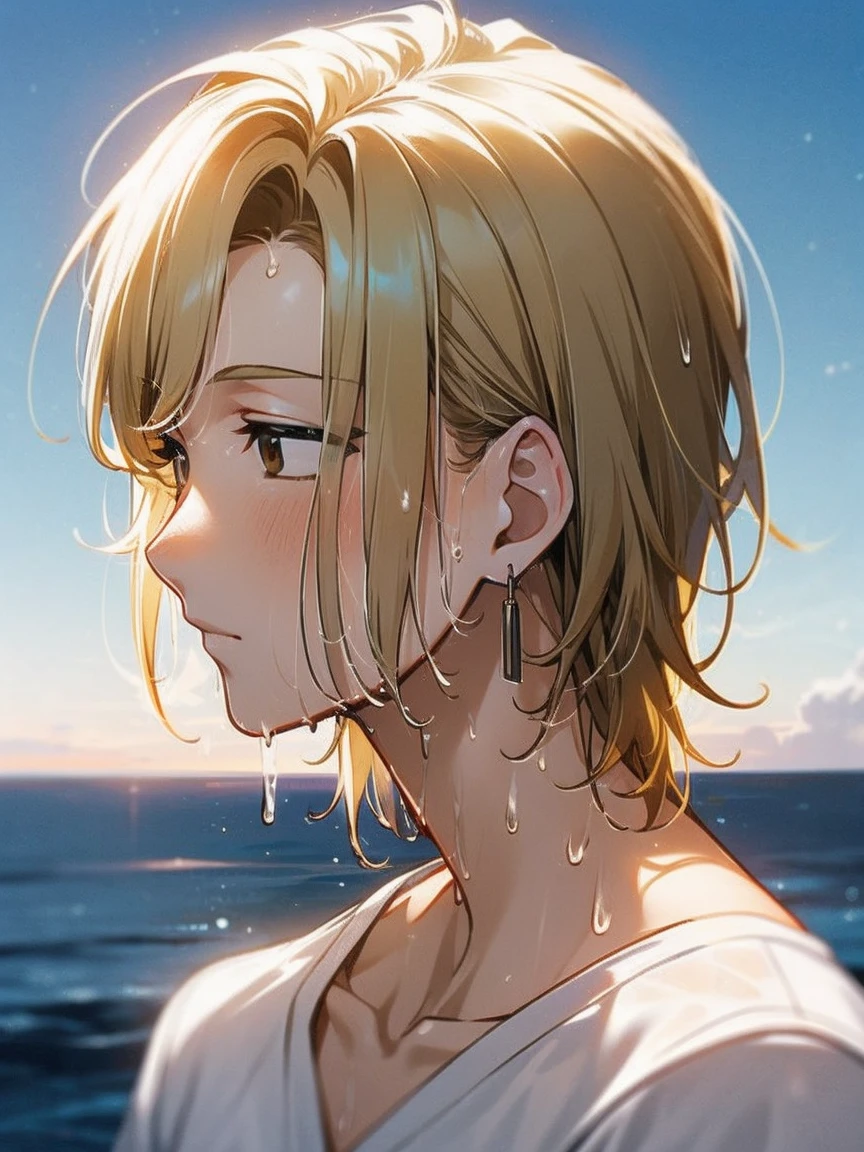 one man,golden hair,Long bangs and nape,clavicle,earrings,brown eyes,Ocean,white shirt,Wet