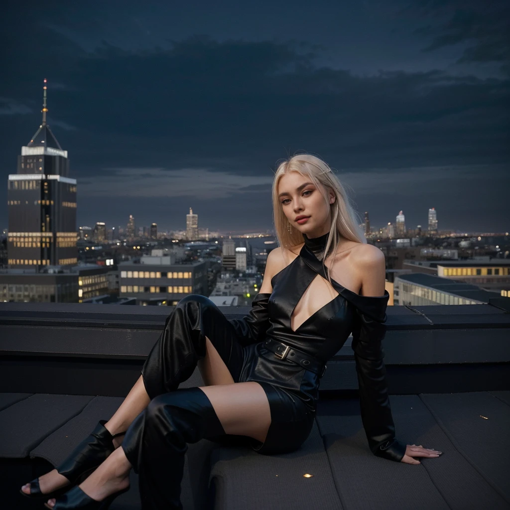 Experience the thrill of the city night with Aria, a 24-year-old model boasting a nice, slightly with big , in an exclusive rooftop bar photoshoot. Imagine Aria in a chic black jumpsuit that perfectly complements her platinum blonde hair. Frame the scene against the glittering cityscape, embodying the cosmopolitan charm and elegance of the evening in this fashionable composition.