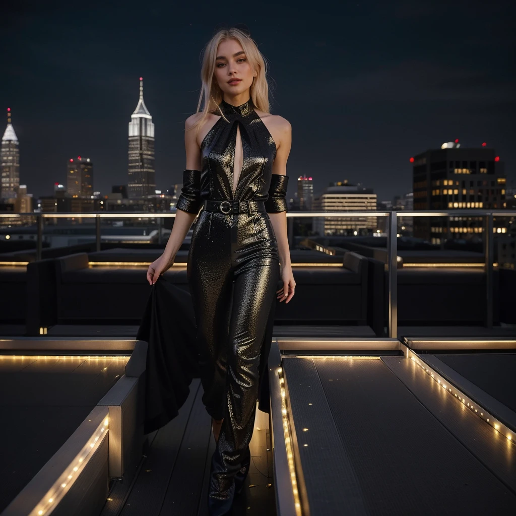Experience the thrill of the city night with Aria, a 24-year-old model boasting a nice, slightly with big , in an exclusive rooftop bar photoshoot. Imagine Aria in a chic black jumpsuit that perfectly complements her platinum blonde hair. Frame the scene against the glittering cityscape, embodying the cosmopolitan charm and elegance of the evening in this fashionable composition.