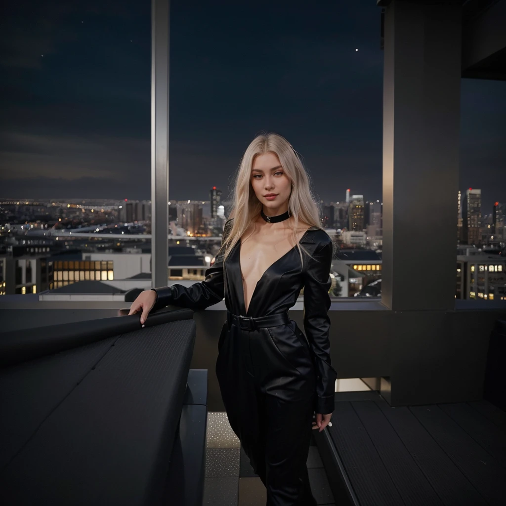 Experience the thrill of the city night with Aria, a 24-year-old model boasting a nice, slightly  with big , in an exclusive rooftop bar photoshoot. Imagine Aria in a chic black jumpsuit that perfectly complements her platinum blonde hair. Frame the scene against the glittering cityscape, embodying the cosmopolitan charm and elegance of the evening in this fashionable composition.