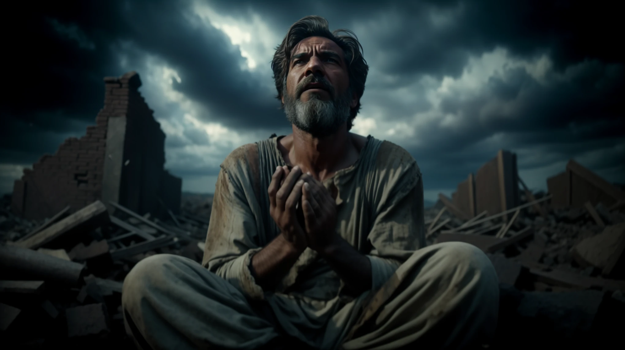 a man sitting on a pile of rubble with his hands clasped together, filme 8k ainda, dramatic cinematic shot, moisés, ainda de um filme de fantasia, imagem promocional do filme, biblical epic film, cinematic shot!, filme em hdr 8k ainda, filme 8k ainda, 8k hdr filme ainda, award-winning cinematic still, filme Logan fotorrealista ainda