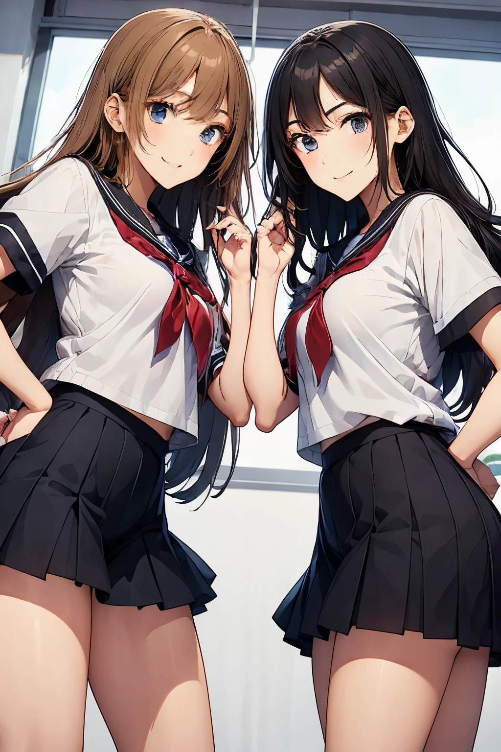 Two high school girls playing with each other、seductive smile、classroom