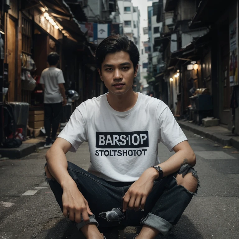 seorang pria Asia sedang duduk di tengah lorong jalan gelap, memakai kaos berlabel "BARSHOP" foto di tengah-tengah bidikan, pengambilan gambar sinematik, pengambilan gambar jarak jauh, gambar diam sinematik bidikan, fotografi profesional, pemotretan iklan, bidikan menakjubkan,