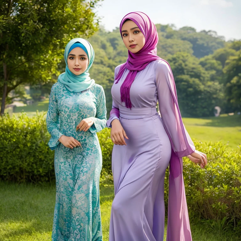 half body, beautiful muslimah girls, wearing traditional silk baju kurung, ultra-detailed, detailed faces, detailed skins, 8k masterpieces, cinematic lighting, firm push-up bosom, modest bosom, slim and slender body, long hijab, eid mubarak, in malay village, in the meadow