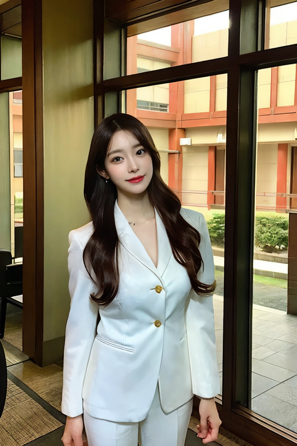 A tall and slender beauty、beauty in a suit、Huge 、undershirt、cool beauty、career woman、Beautifully dyed Japan、tic，hotel lobby，windows