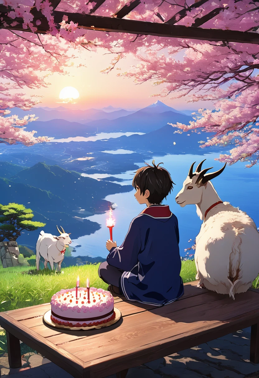 A boy and a goat celebrate birthday with cake and the goat seating certain distance at boy is seating haruno sakura, best anime 4k konachan wallpaper,