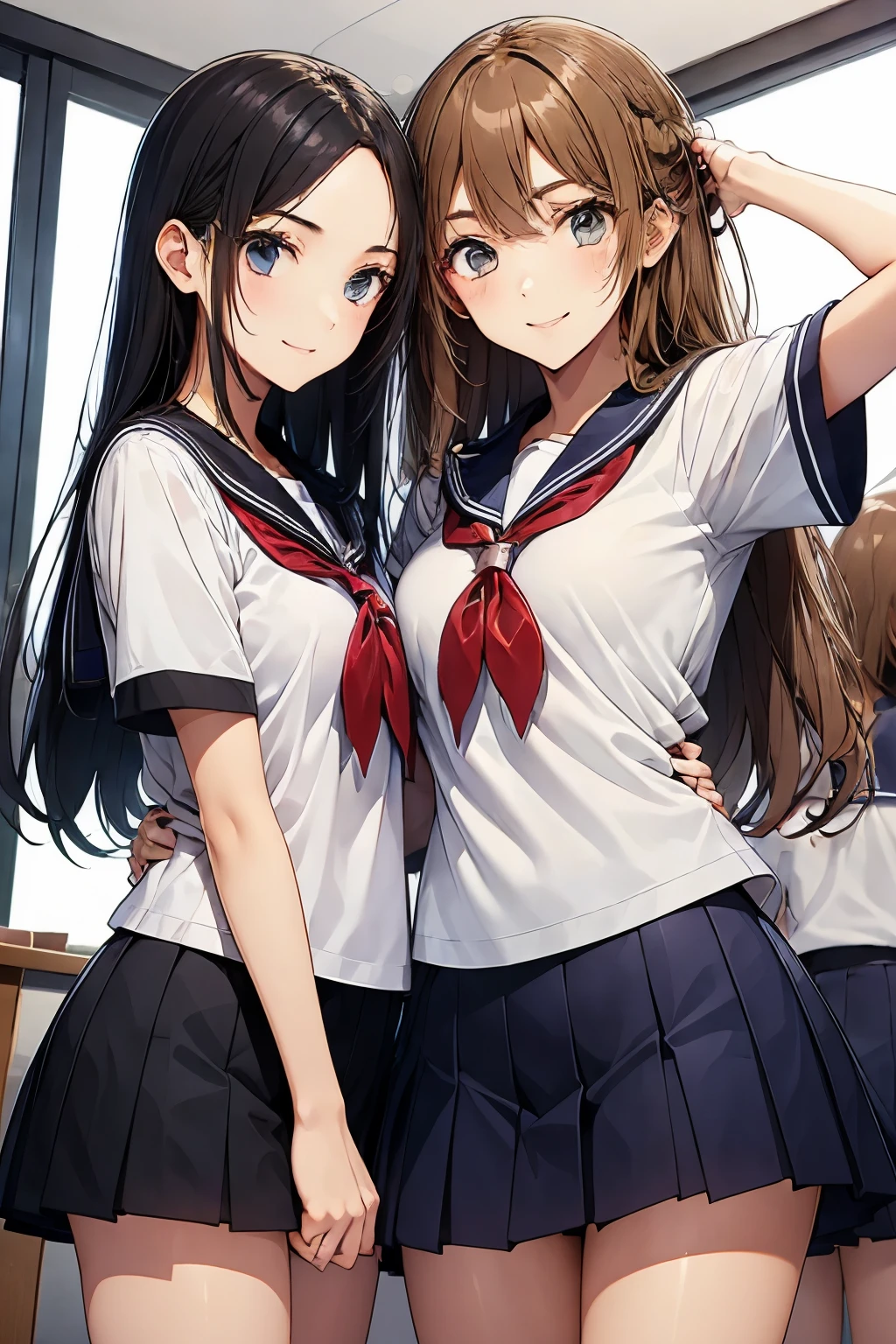 Two high school girls playing with each other、seductive smile、classroom