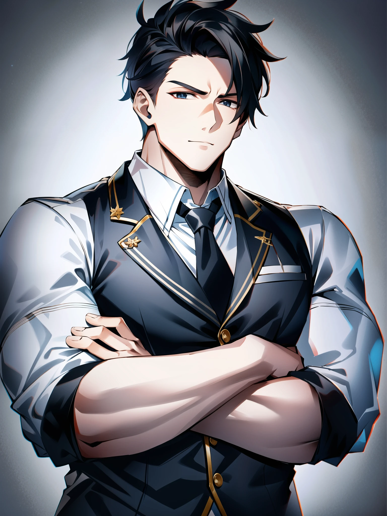 kryuger, 1boy, solo, male focus, monochrome,white background,necktie, crossed arms ,manlygriffin & kryuger military uniform, muscular male, solo, bara,large pectorals, 