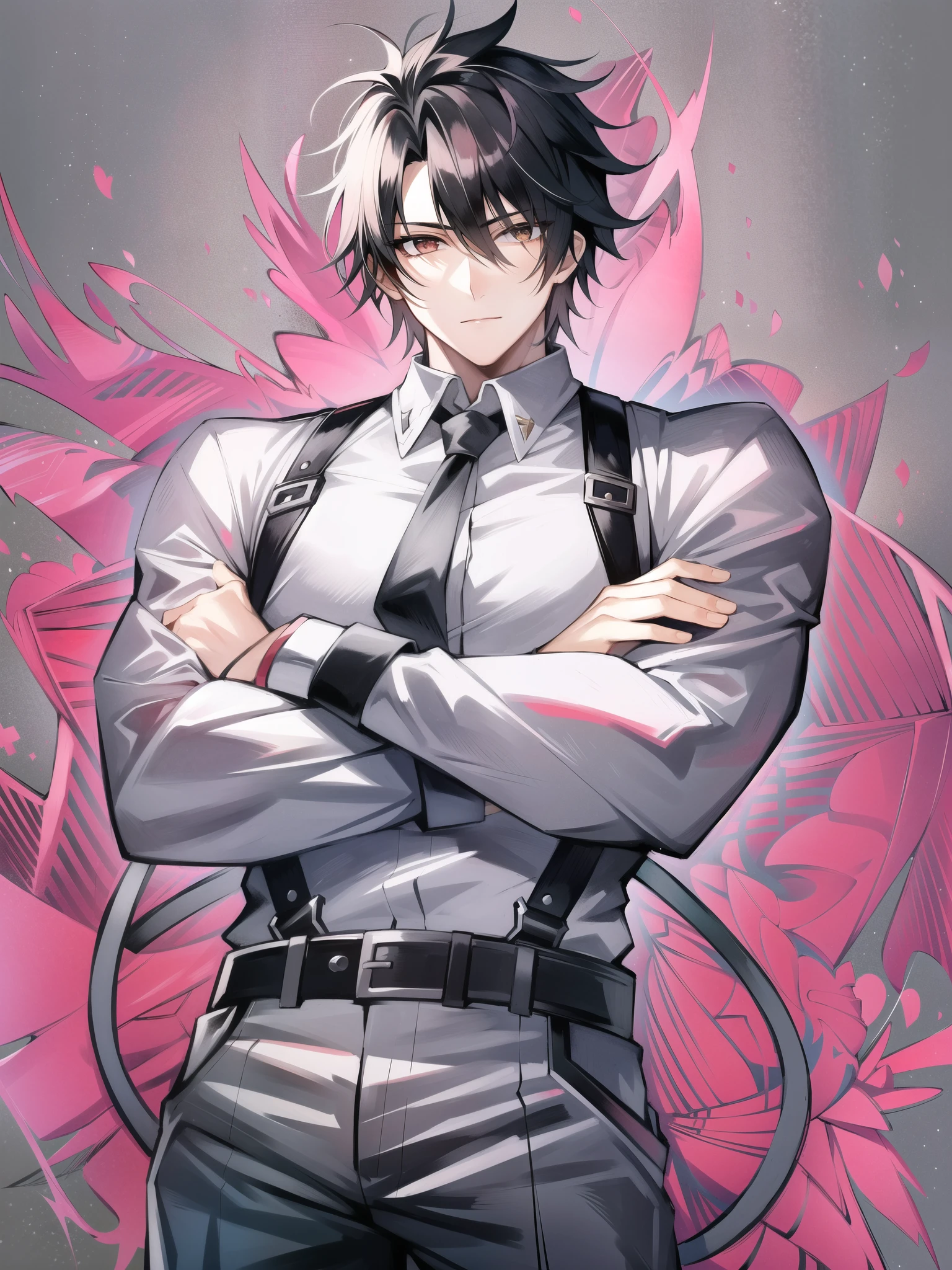 kryuger, 1boy, solo, male focus, monochrome,white background,necktie, crossed arms ,manlygriffin & kryuger military uniform, muscular male, solo, bara,large pectorals,