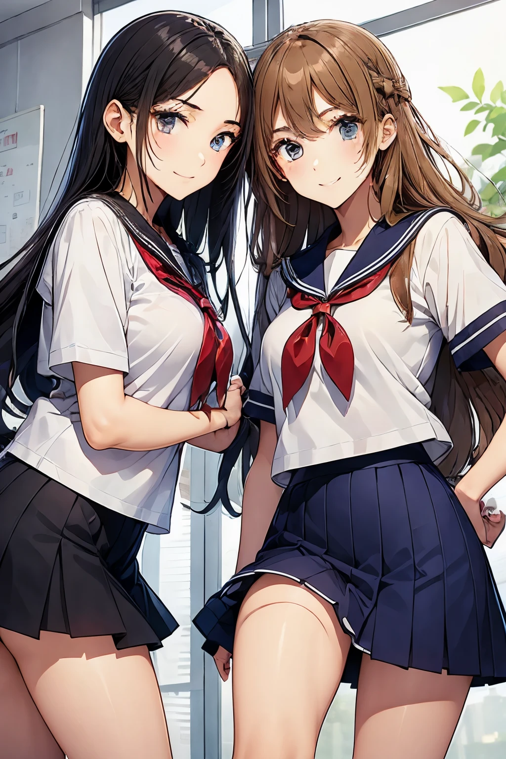 Two high school girls playing with each other、seductive smile、classroom